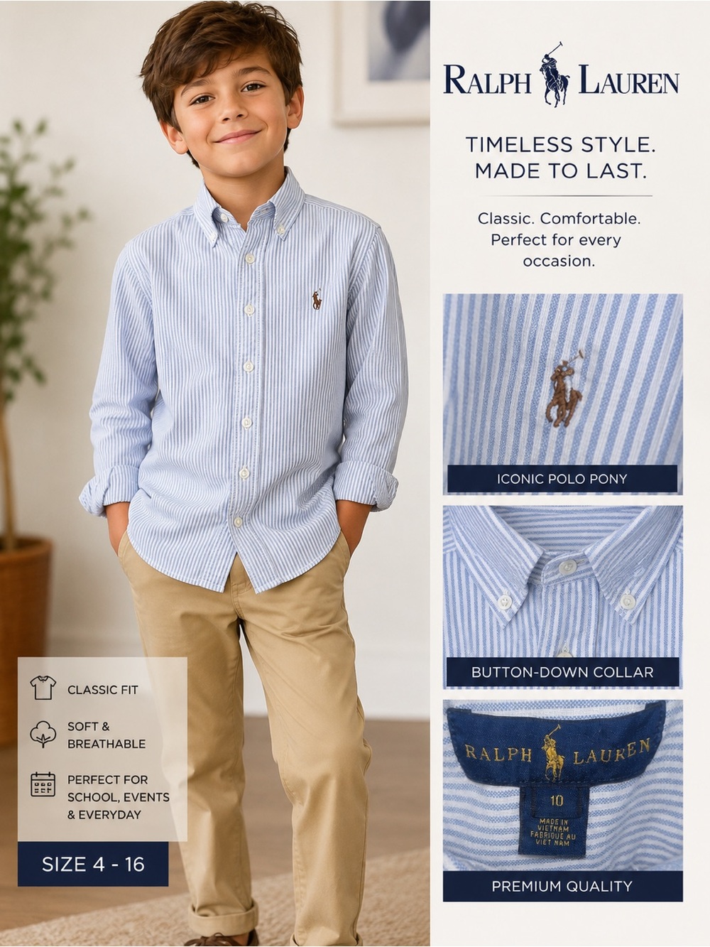 Ralph Lauren Boys Light Blue & White Stripe Button-Down Shirt